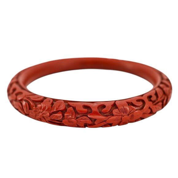 Hand Carved Red Cinnabar Lacquer Bangle Bracelet Floral & Scroll Chinese Export - Picture 9 of 11